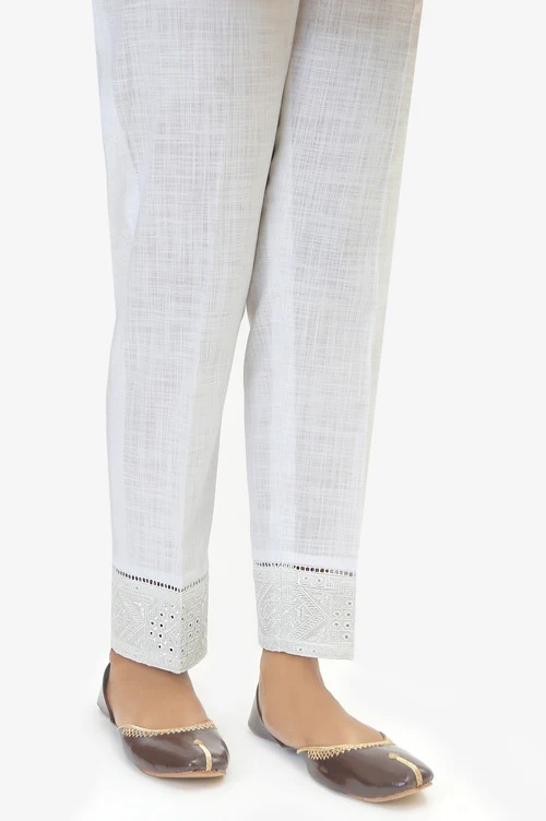 Embroidered Cotton Slub Cigeratte Pants - Rose White
